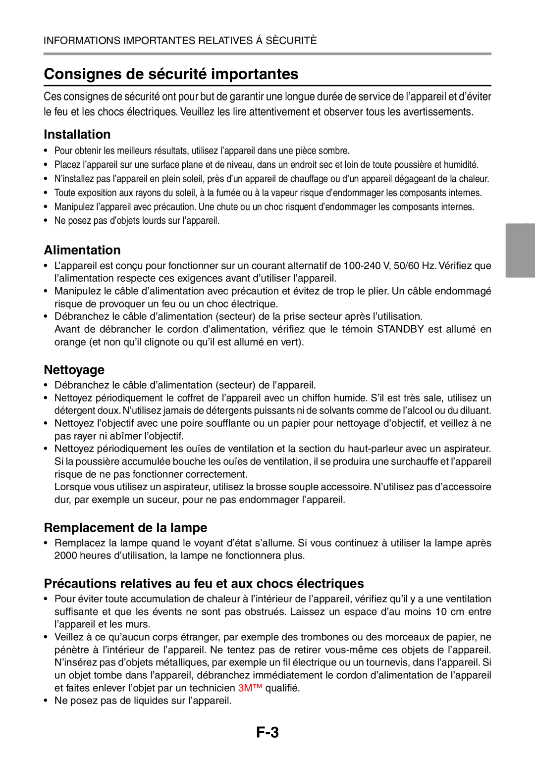 3M PX5 user manual Consignes de sécurité importantes, Alimentation, Nettoyage, Remplacement de la lampe 