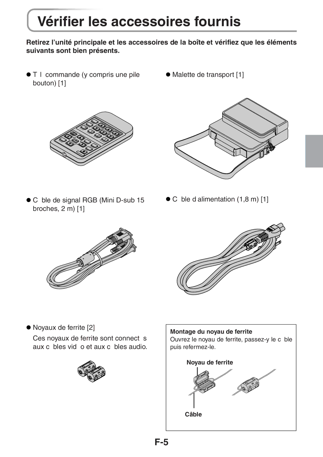 3M PX5 Vérifier les accessoires fournis, Câble d’alimentation 1,8 m, Montage du noyau de ferrite, Noyau de ferrite Câble 