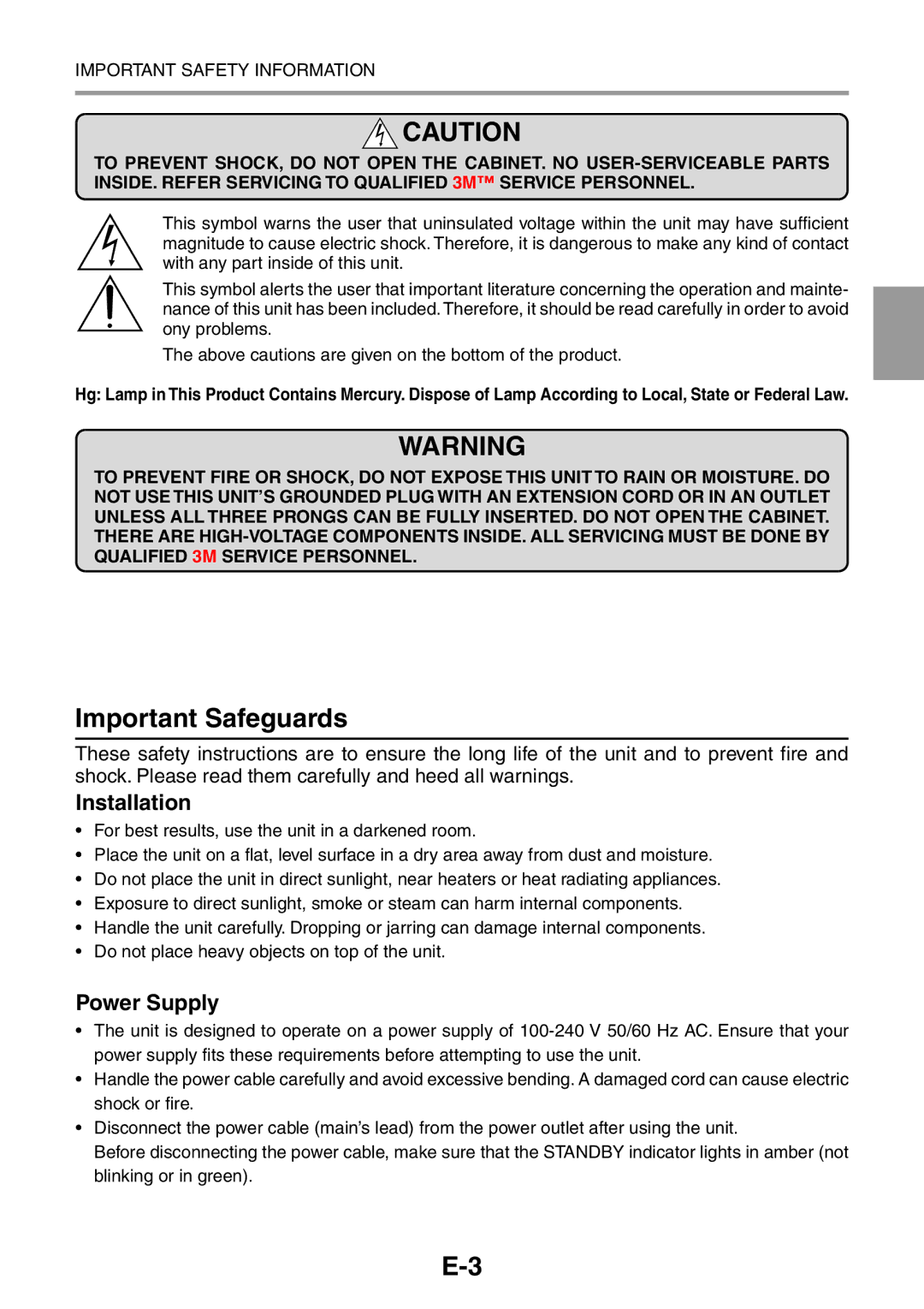 3M PX5 user manual Important Safeguards, Installation, Power Supply 