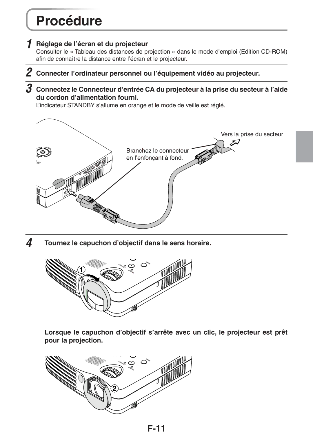 3M PX5 user manual Procédure, Réglage de l’écran et du projecteur, Tournez le capuchon d’objectif dans le sens horaire 