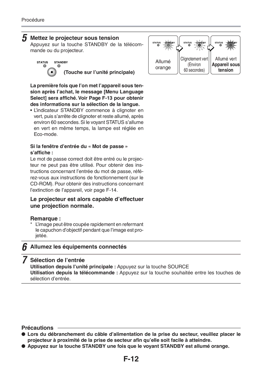 3M PX5 user manual Mettez le projecteur sous tension, Allumez les équipements connectés Sélection de l’entrée, Précautions 