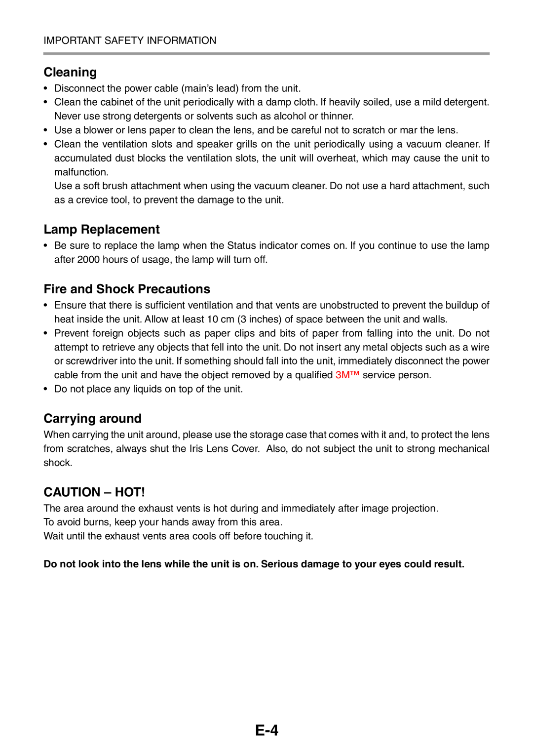 3M PX5 user manual Cleaning, Lamp Replacement, Fire and Shock Precautions, Carrying around 