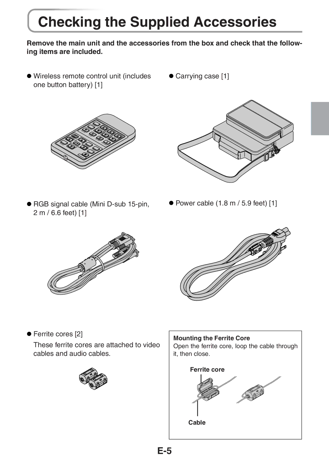 3M PX5 Checking the Supplied Accessories, Carrying case, Power cable 1.8 m / 5.9 feet, Mounting the Ferrite Core 