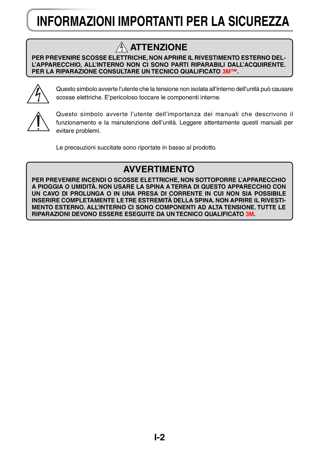 3M PX5 user manual Informazioni Importanti PER LA Sicurezza 