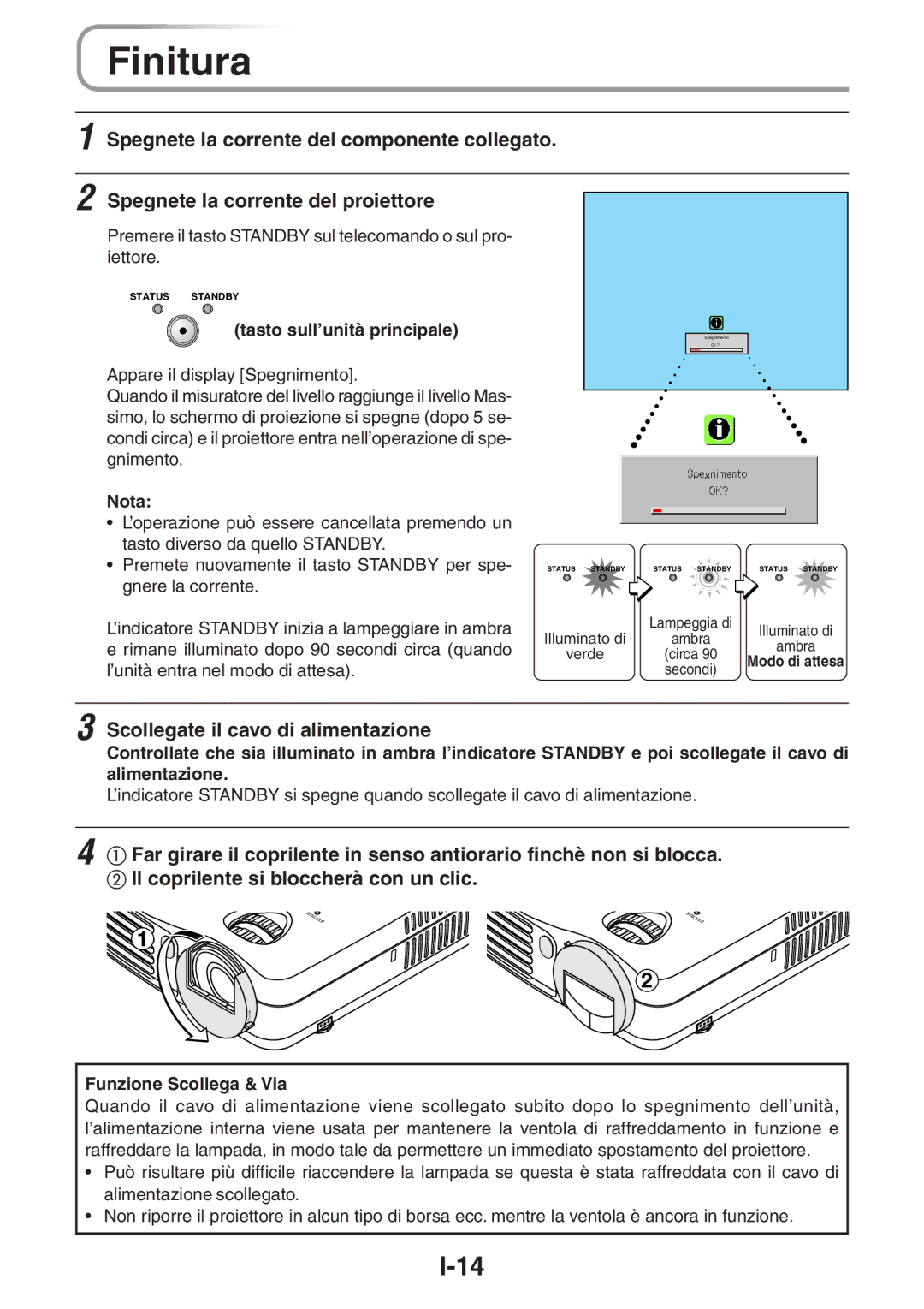 3M PX5 user manual Finitura, Scollegate il cavo di alimentazione, Funzione Scollega & Via 