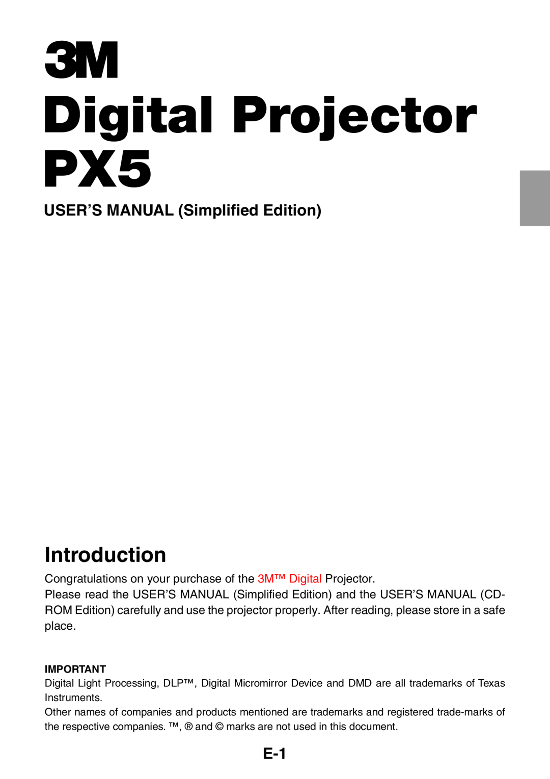 3M user manual Digital Projector PX5, Introduction, USER’S MANUAL Simplified Edition 