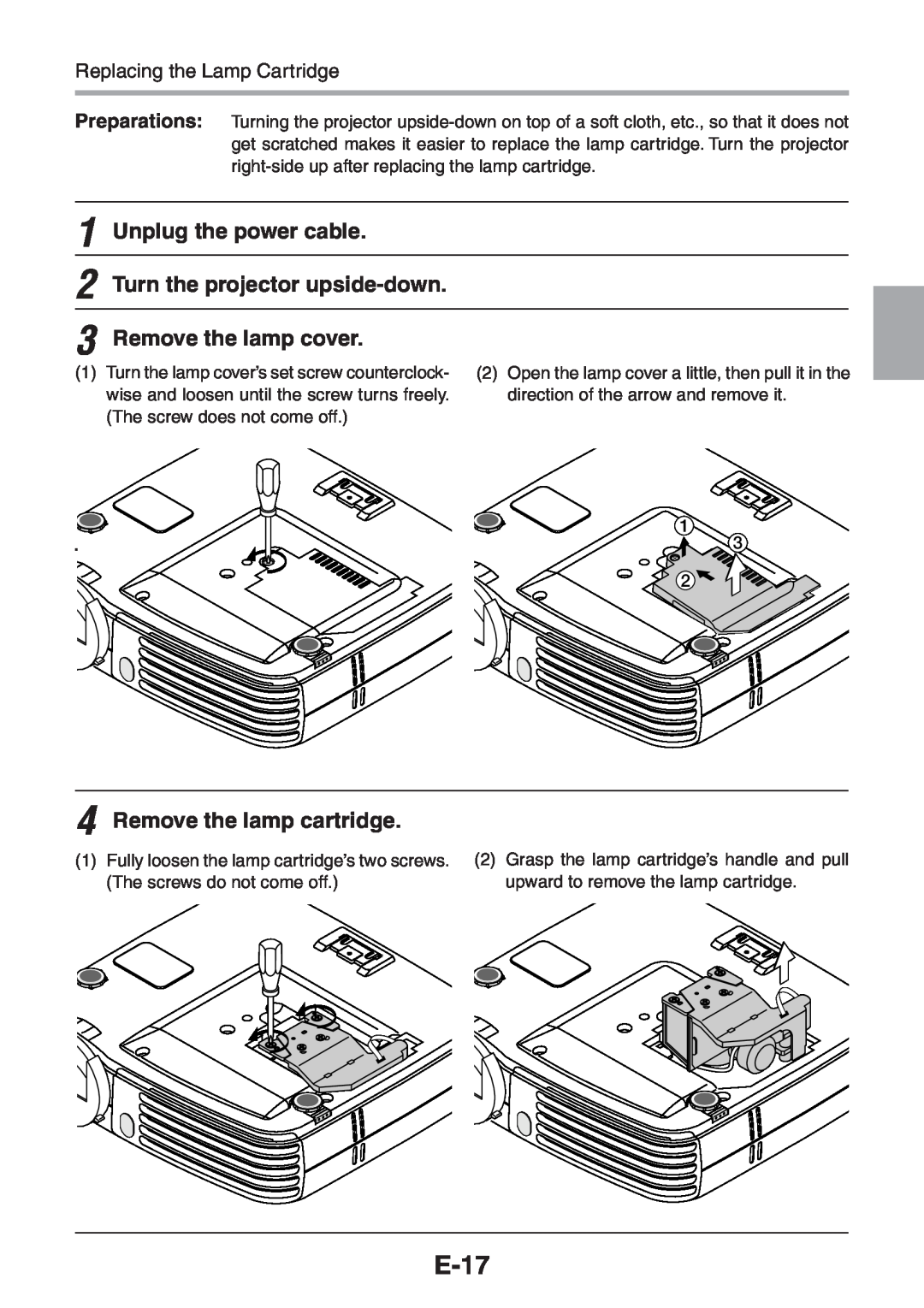 3M PX5 E-17, Unplug the power cable 2 Turn the projector upside-down, Remove the lamp cover, Remove the lamp cartridge 