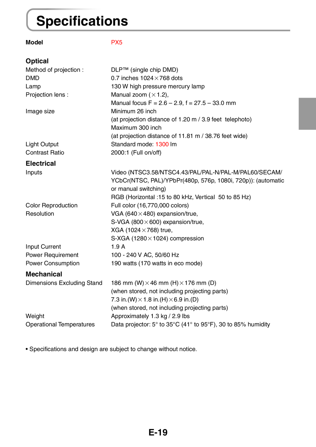 3M PX5 user manual Specifications, E-19, Optical, Electrical, Mechanical 
