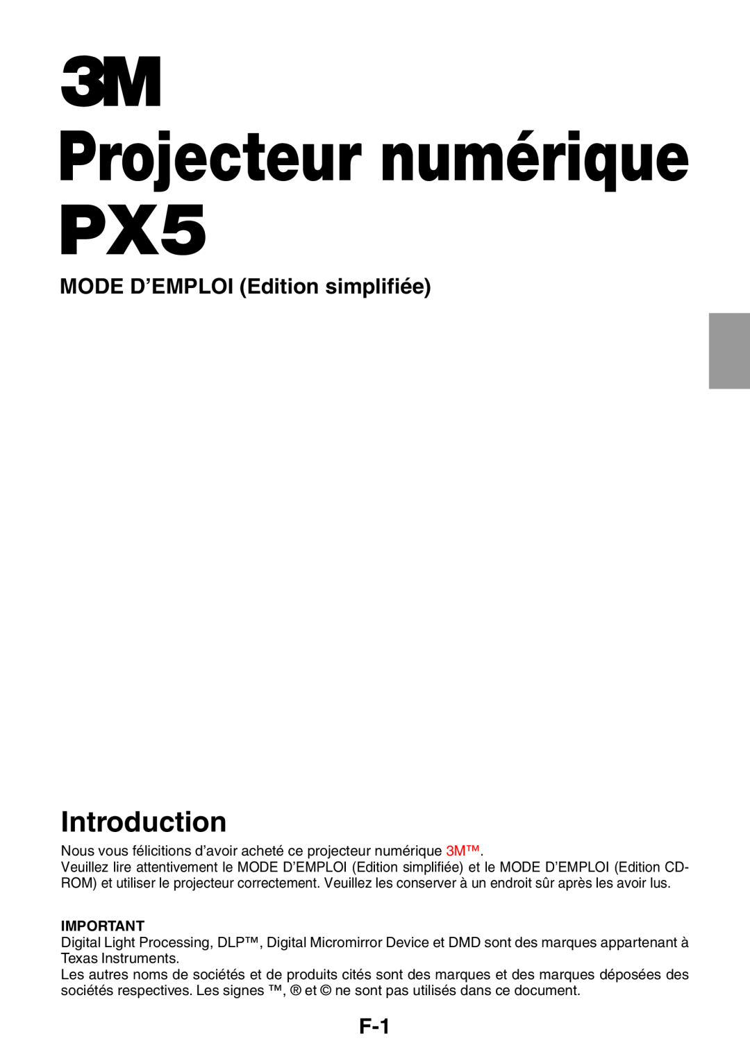 3M user manual Projecteur numérique PX5, MODE D’EMPLOI Edition simplifiée, Introduction 