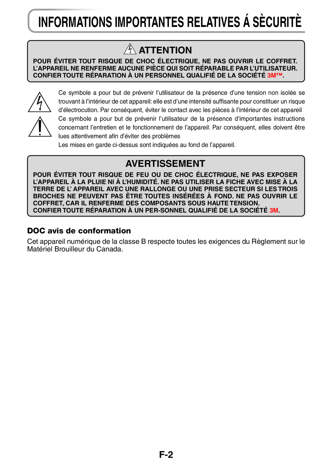 3M PX5 user manual Avertissement, Informations Importantes Relatives Á Sècuritè, DOC avis de conformation 