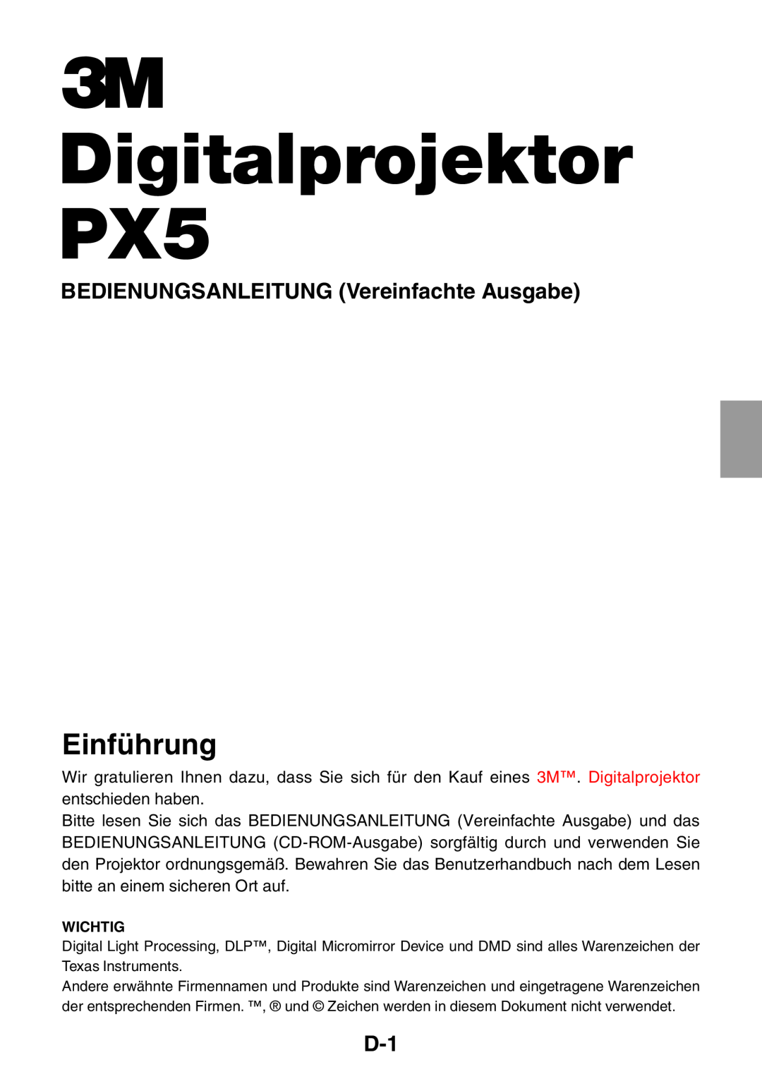3M user manual Digitalprojektor PX5, Einführung, BEDIENUNGSANLEITUNG Vereinfachte Ausgabe 