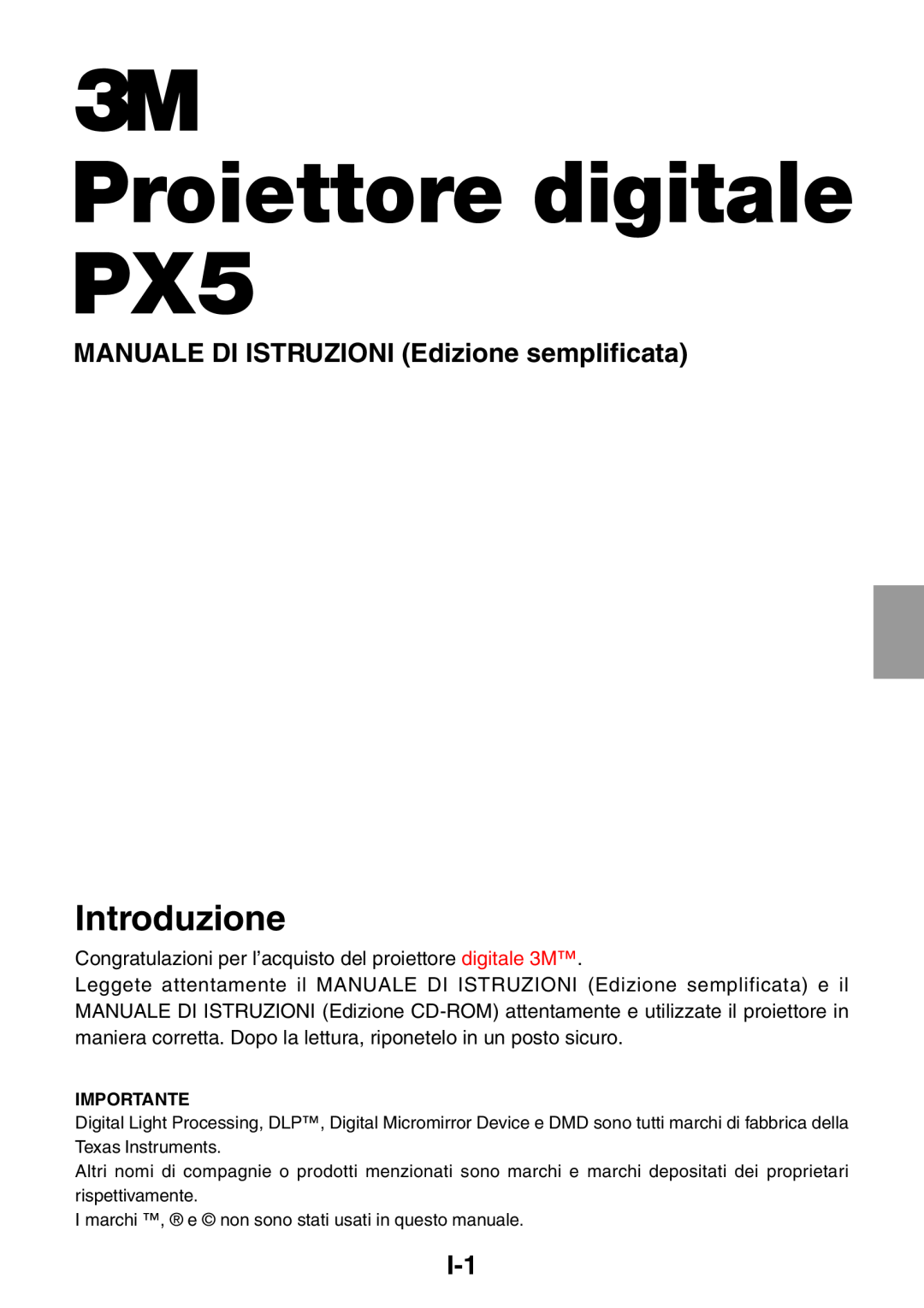 3M user manual Proiettore digitale PX5, Introduzione, MANUALE DI ISTRUZIONI Edizione semplificata 