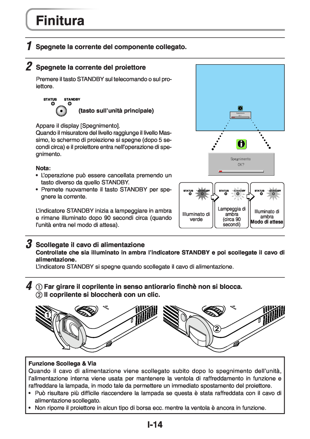 3M PX5 user manual Finitura, I-14, Spegnete la corrente del componente collegato, Spegnete la corrente del proiettore 