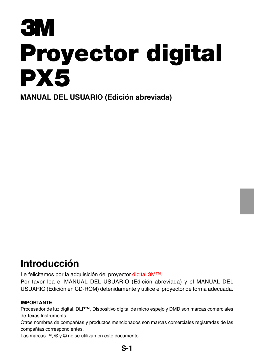 3M user manual Proyector digital PX5, Introducción, MANUAL DEL USUARIO Edición abreviada 