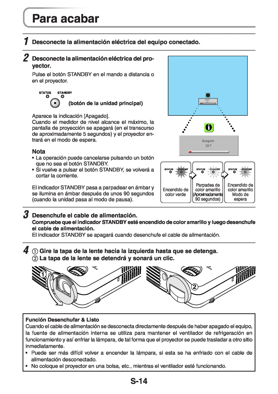 3M PX5 user manual Para acabar, S-14, Desconecte la alimentación eléctrica del equipo conectado, yector, Nota 