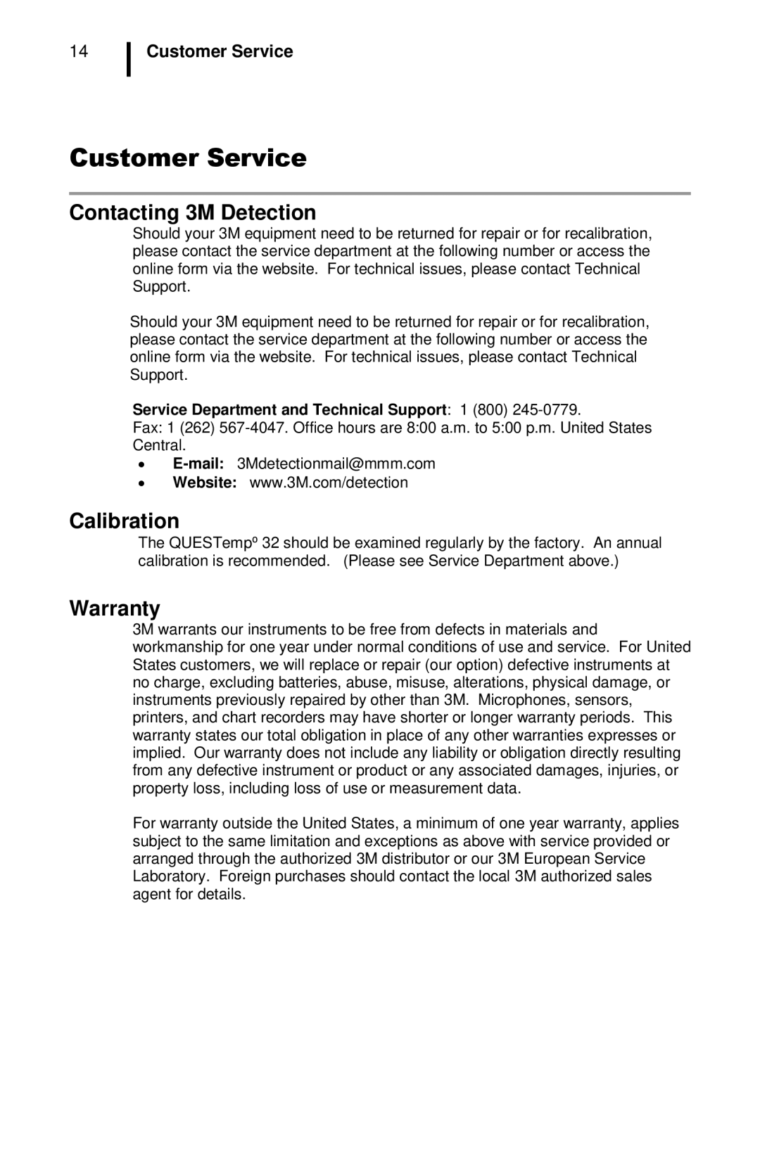 3M QuesTemp 32 user manual Customer Service, Contacting 3M Detection, Calibration, Warranty 