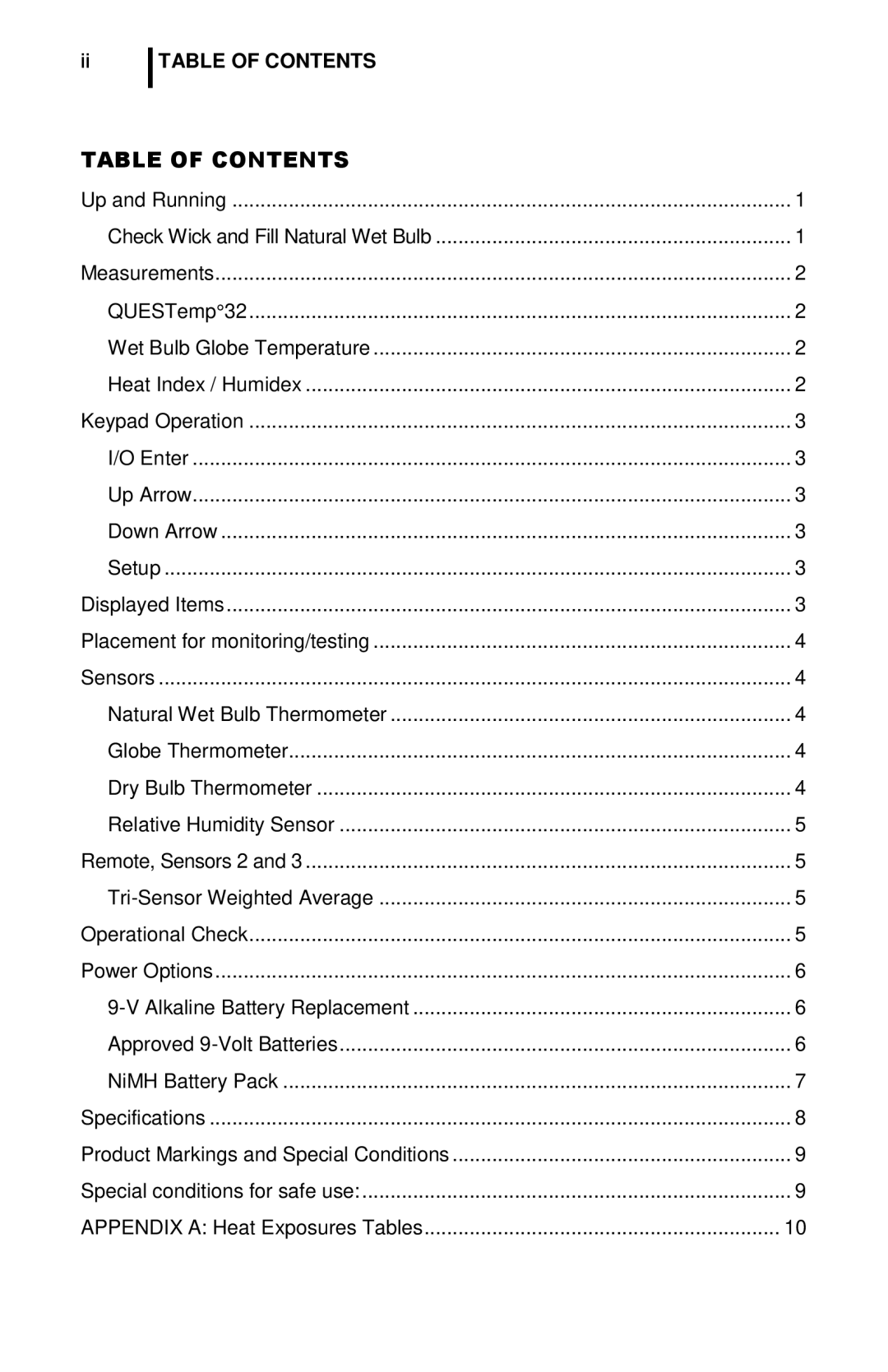 3M QuesTemp 32 user manual Table of Contents 