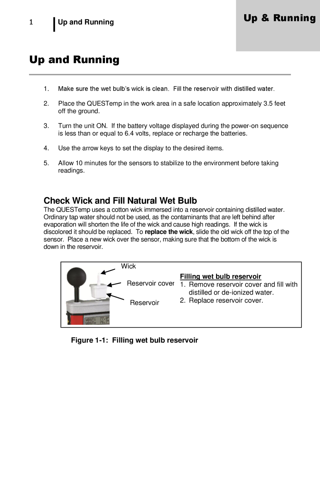 3M QuesTemp 32 user manual Up and Running, Check Wick and Fill Natural Wet Bulb, Filling wet bulb reservoir 