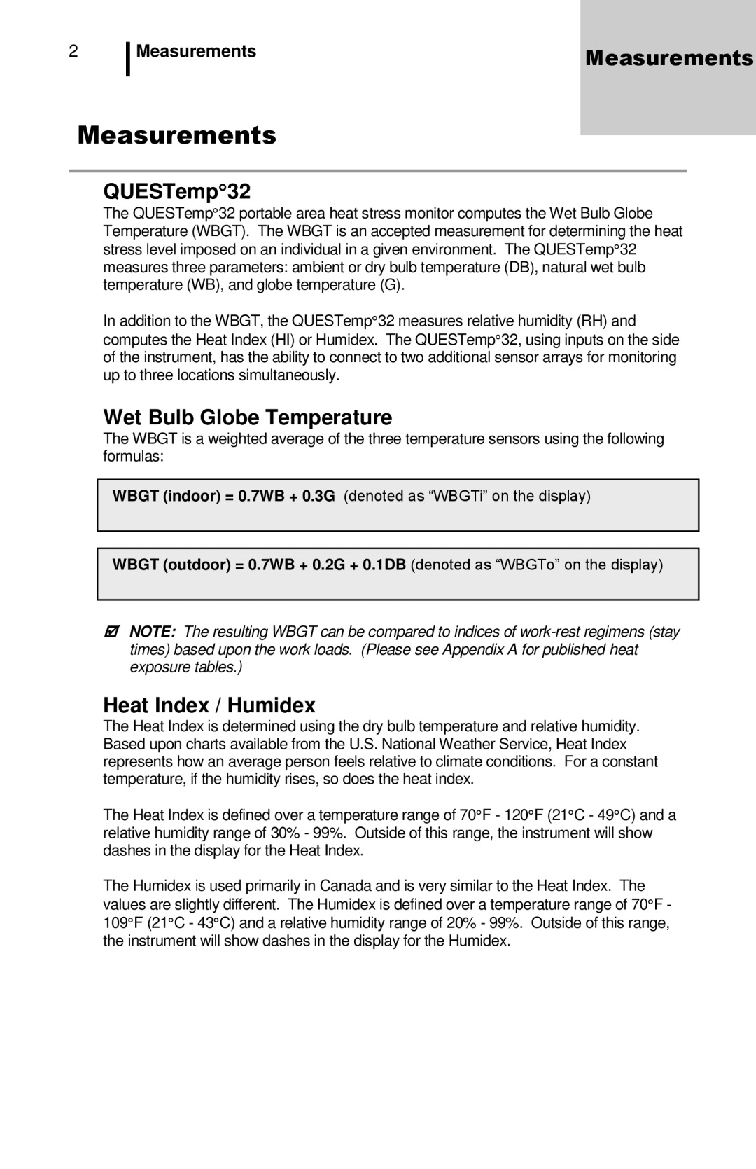 3M QuesTemp 32 user manual Measurements, QUESTemp32, Wet Bulb Globe Temperature, Heat Index / Humidex 