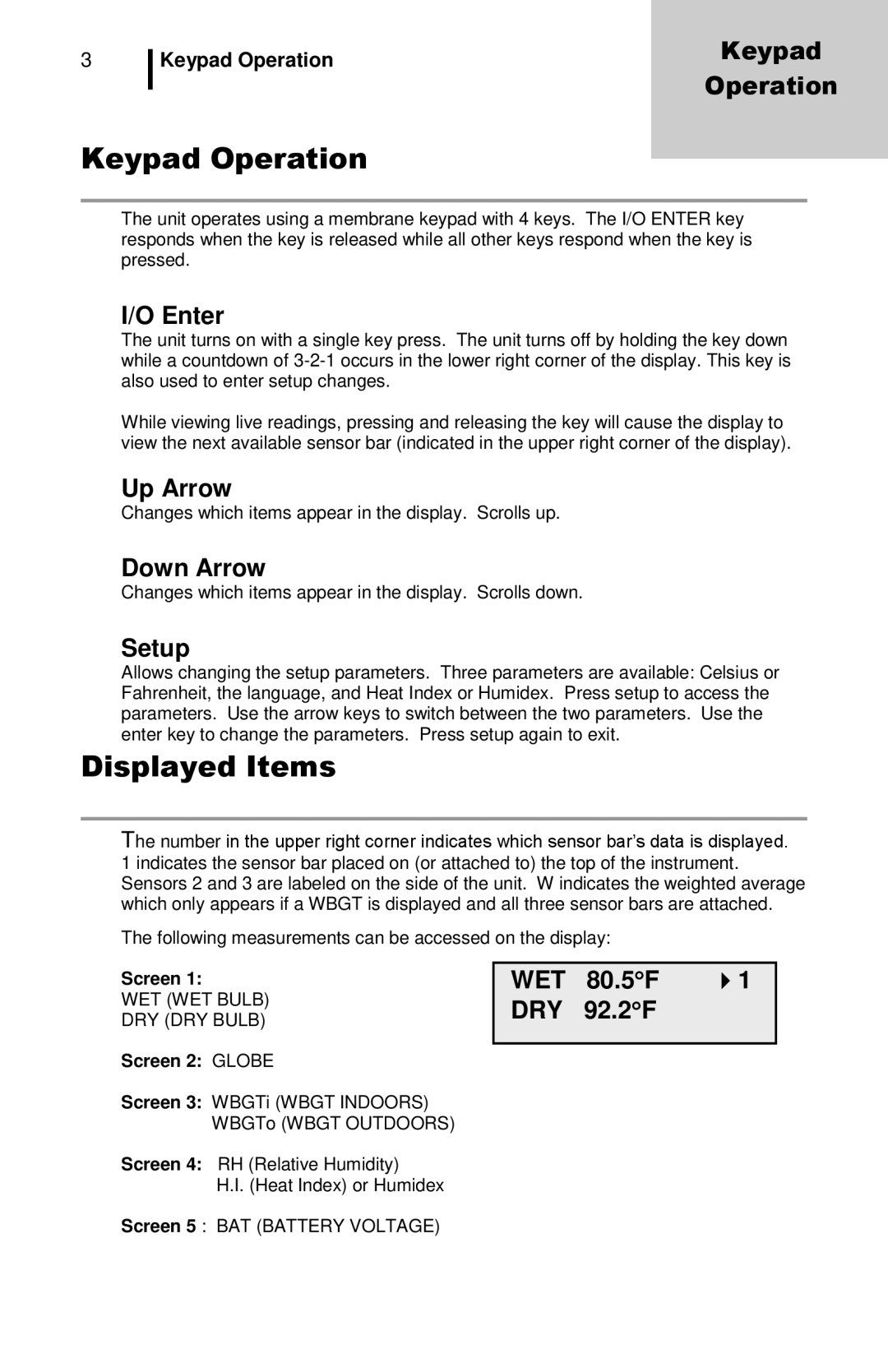 3M QuesTemp 32 user manual Keypad Operation, Displayed Items 