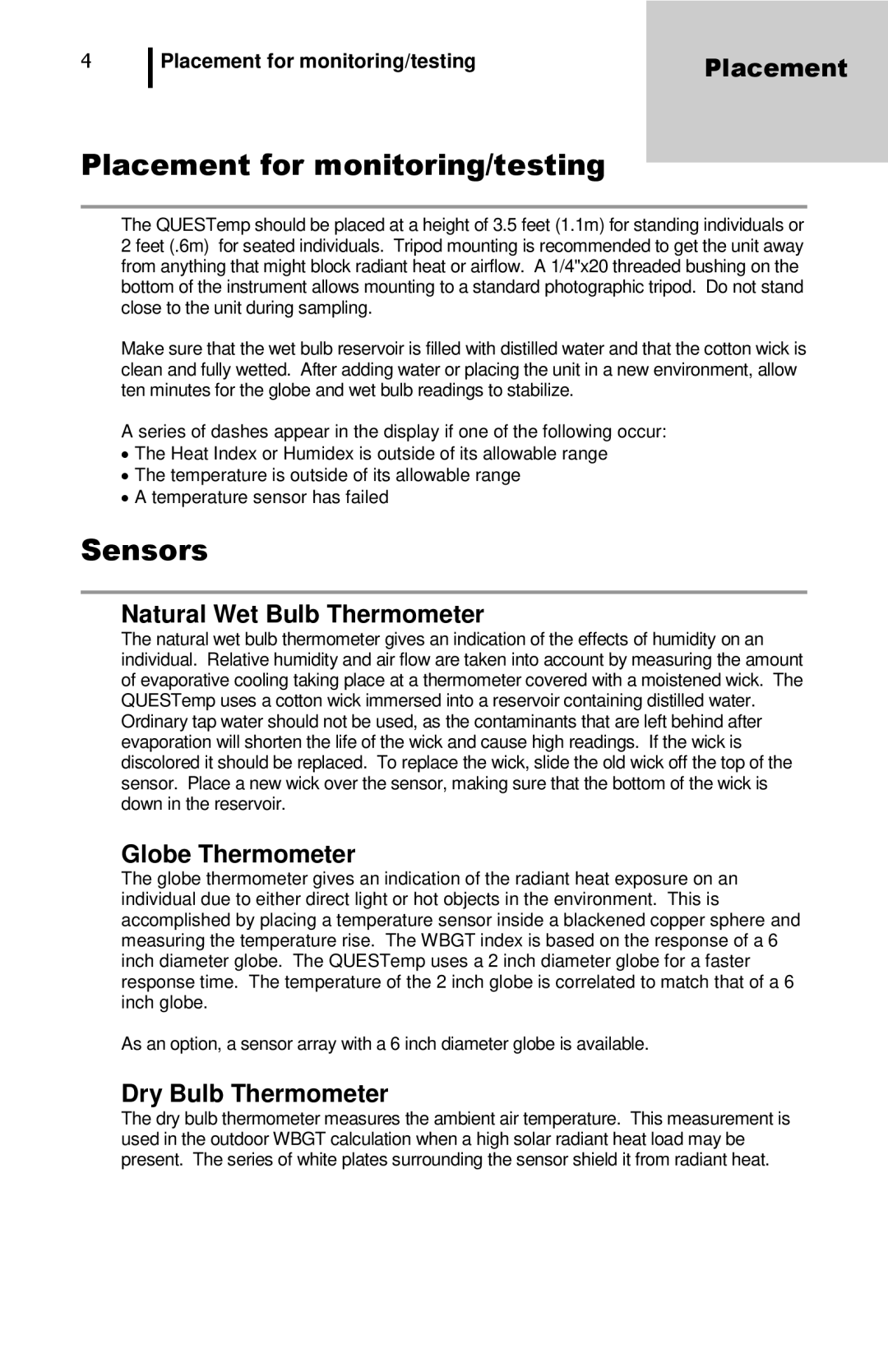 3M QuesTemp 32 user manual Placement for monitoring/testing, Sensors, Natural Wet Bulb Thermometer, Globe Thermometer 