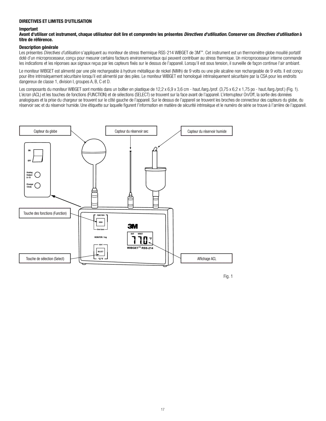 3M RSS-214 manual Directives ET Limites D‘UTILISATION, Capteur du réservoir humide 