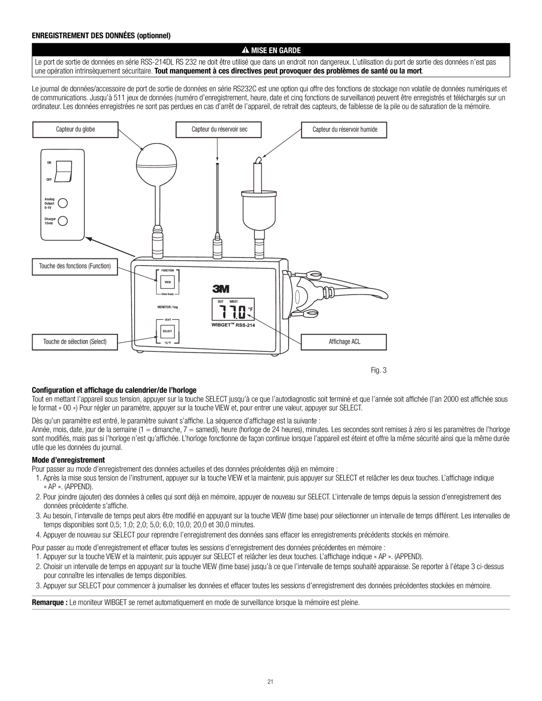 3M RSS-214 manual Configuration et affichage du calendrier/de l’horloge, Mode d’enregistrement 