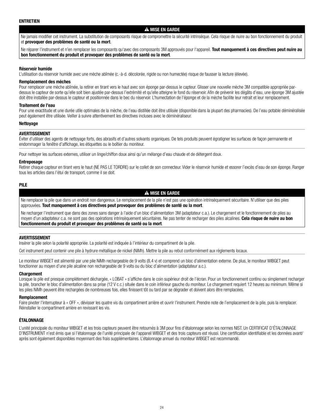 3M RSS-214 manual Entretien, Pile, Étalonnage 