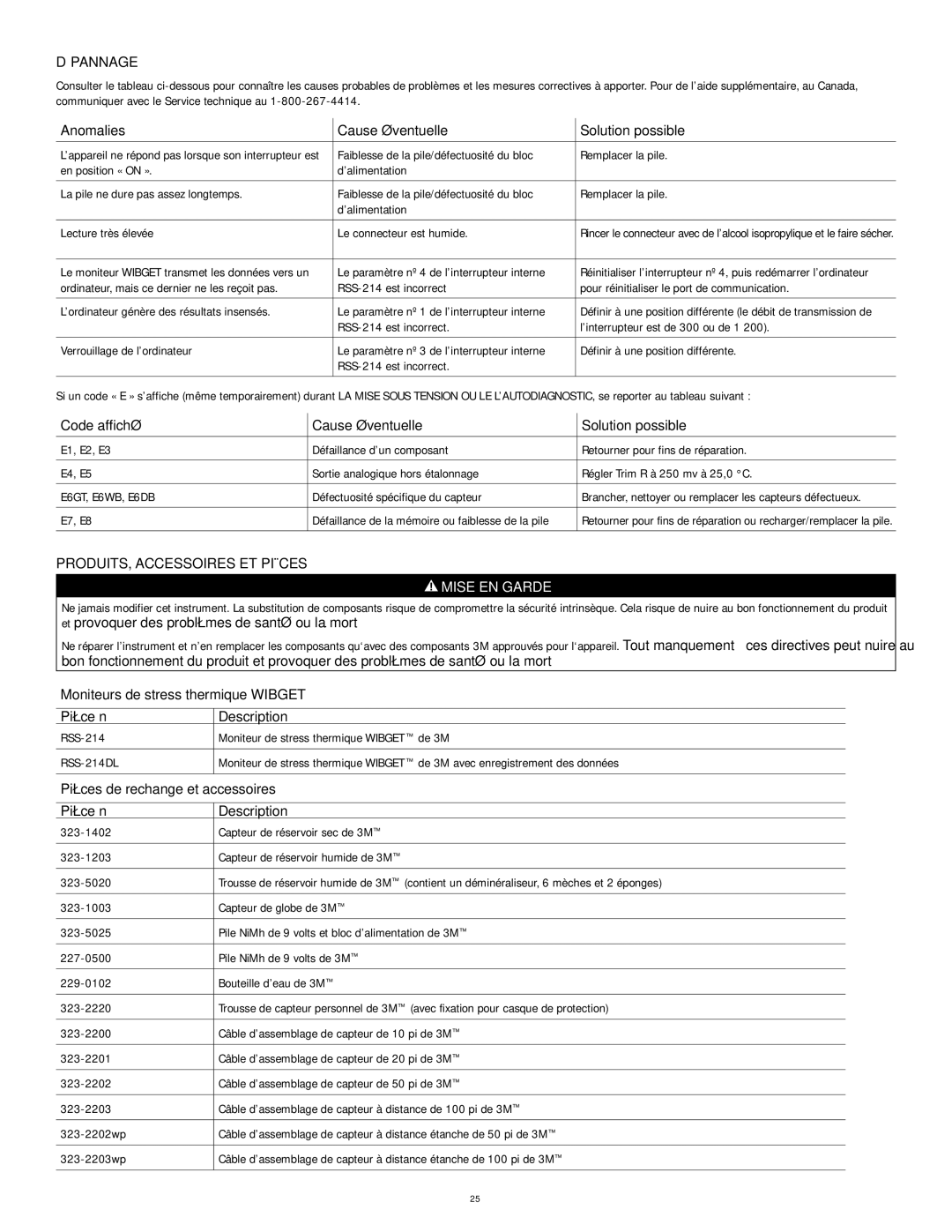 3M RSS-214 manual Dépannage, PRODUITS, Accessoires ET Pièces 