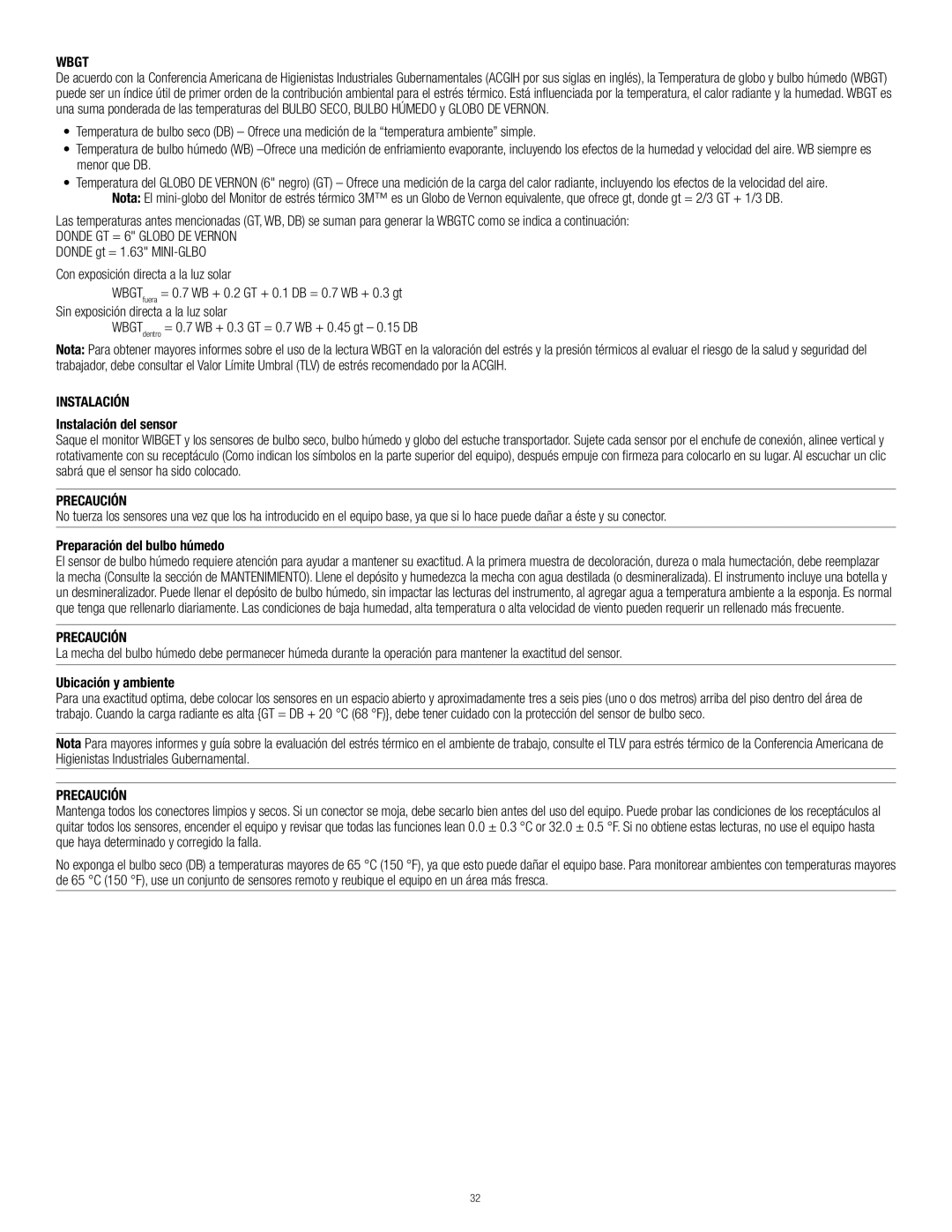 3M RSS-214 manual Instalación del sensor, Preparación del bulbo húmedo, Precaución, Ubicación y ambiente 