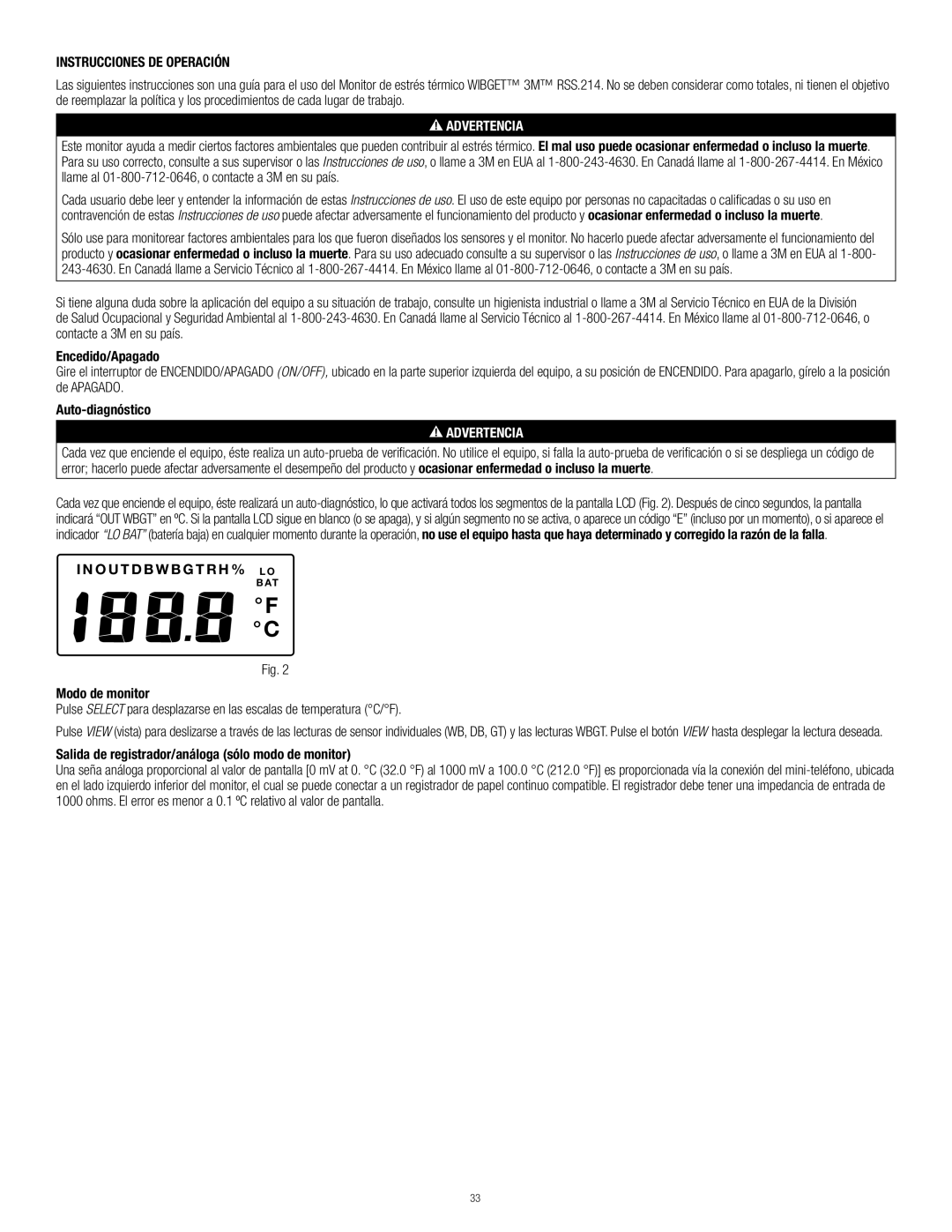 3M RSS-214 Instrucciones DE Operación, Encedido/Apagado, Auto-diagnóstico, O U T D B W B G T R H % L O Modo de monitor 