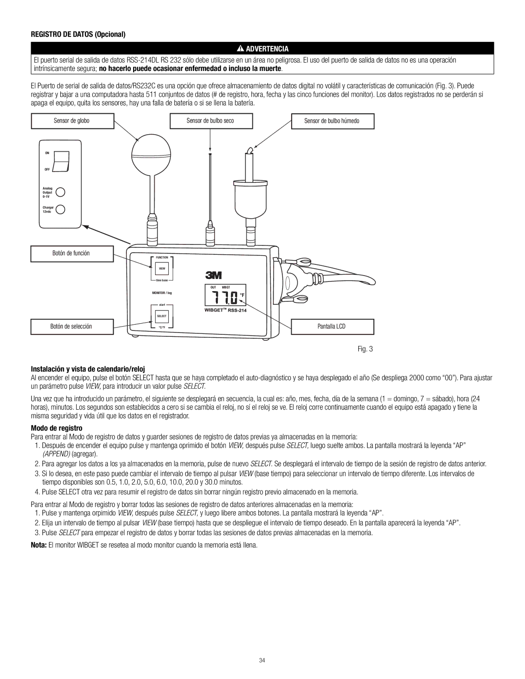 3M RSS-214 manual Registro DE Datos Opcional, Instalación y vista de calendario/reloj, Modo de registro 