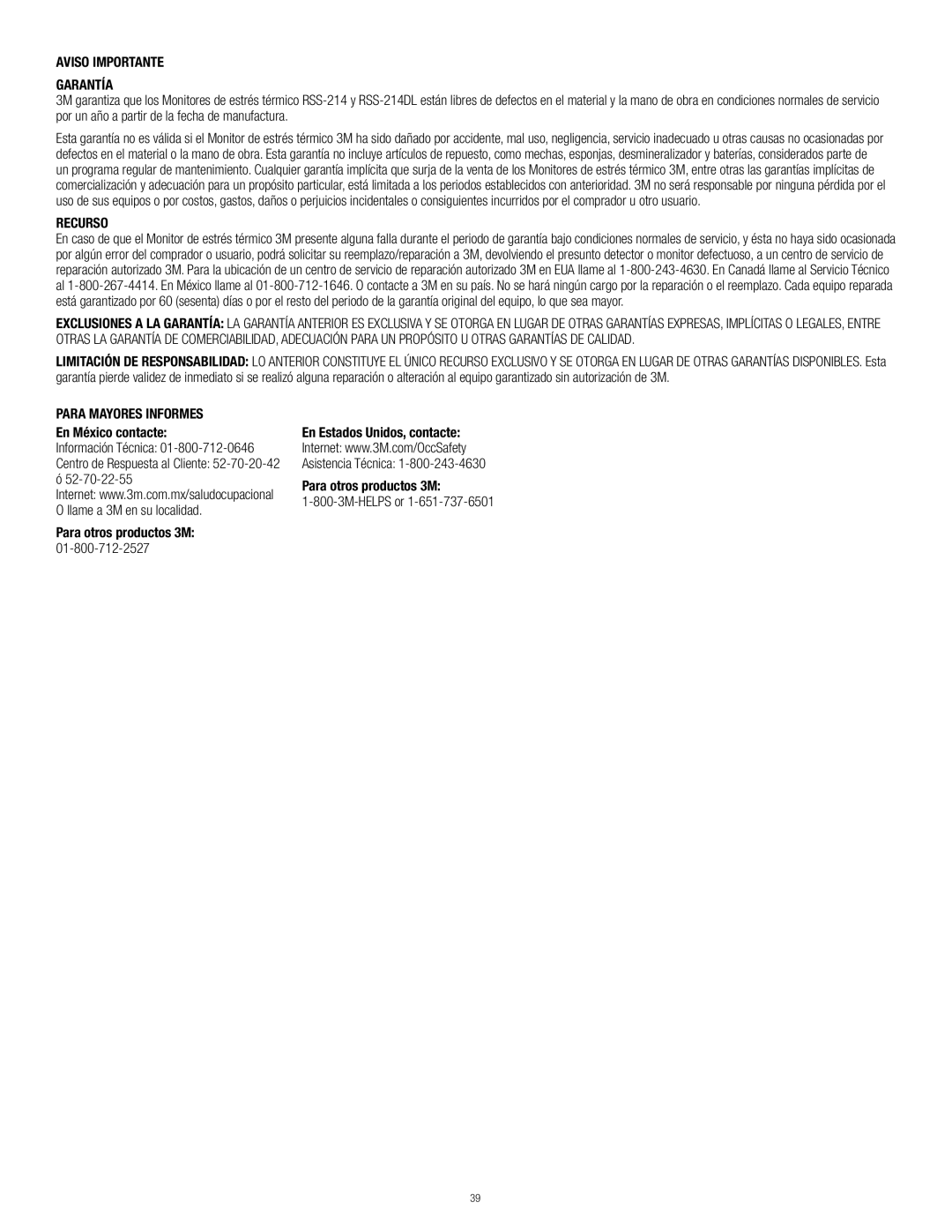 3M RSS-214 manual Garantía, Recurso, Para Mayores Informes 