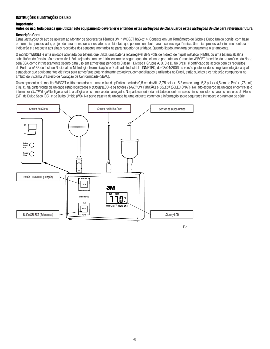 3M RSS-214 manual Instruções E Limitações DE USO, Sensor de Bulbo Úmido 