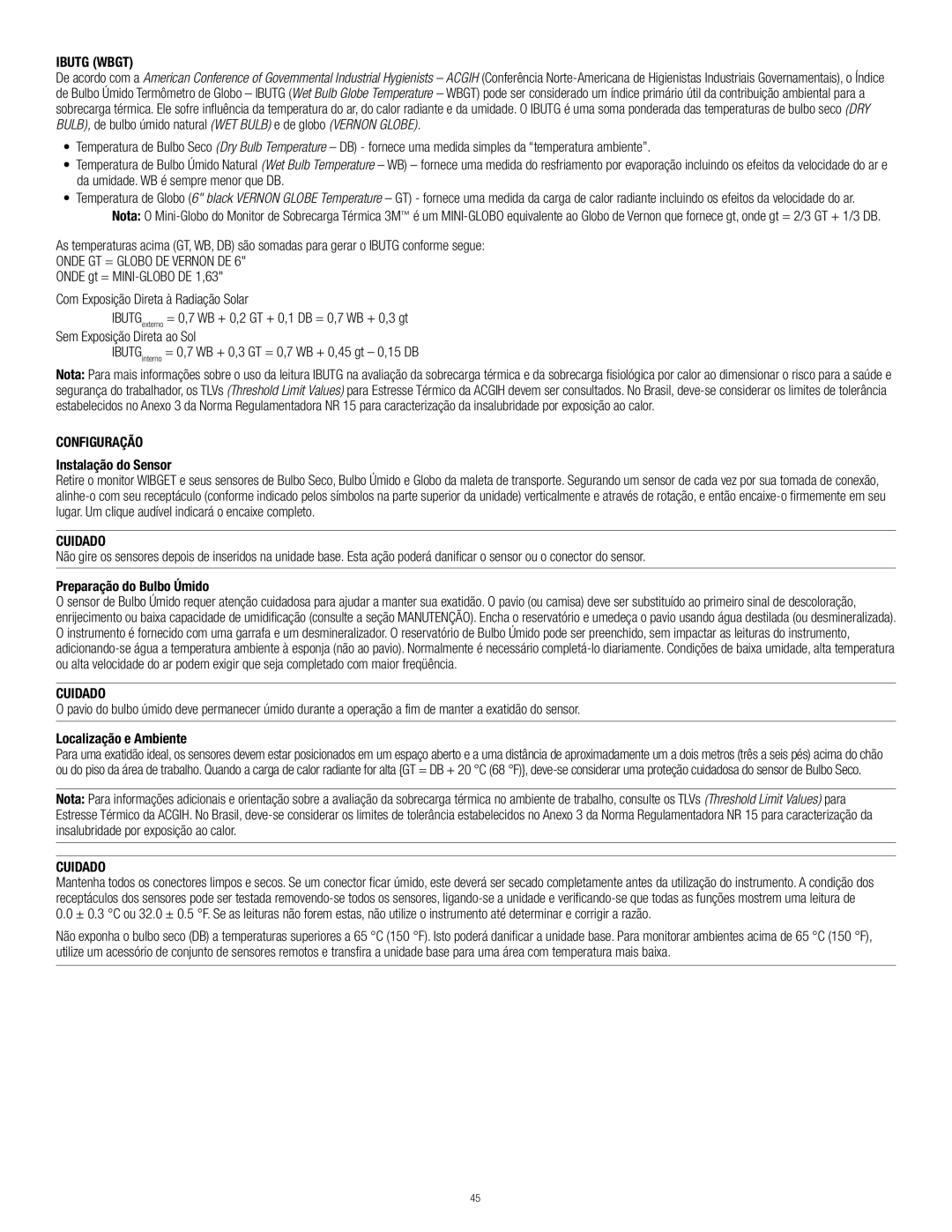 3M RSS-214 manual Ibutg Wbgt, Configuração, Instalação do Sensor, Preparação do Bulbo Úmido, Localização e Ambiente 