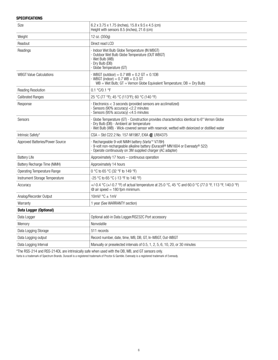 3M RSS-214 Specifications, · Dry Bulb DB Ambient air temperature, @ air speed = 180 fpm minimum, Data Logger Optional 