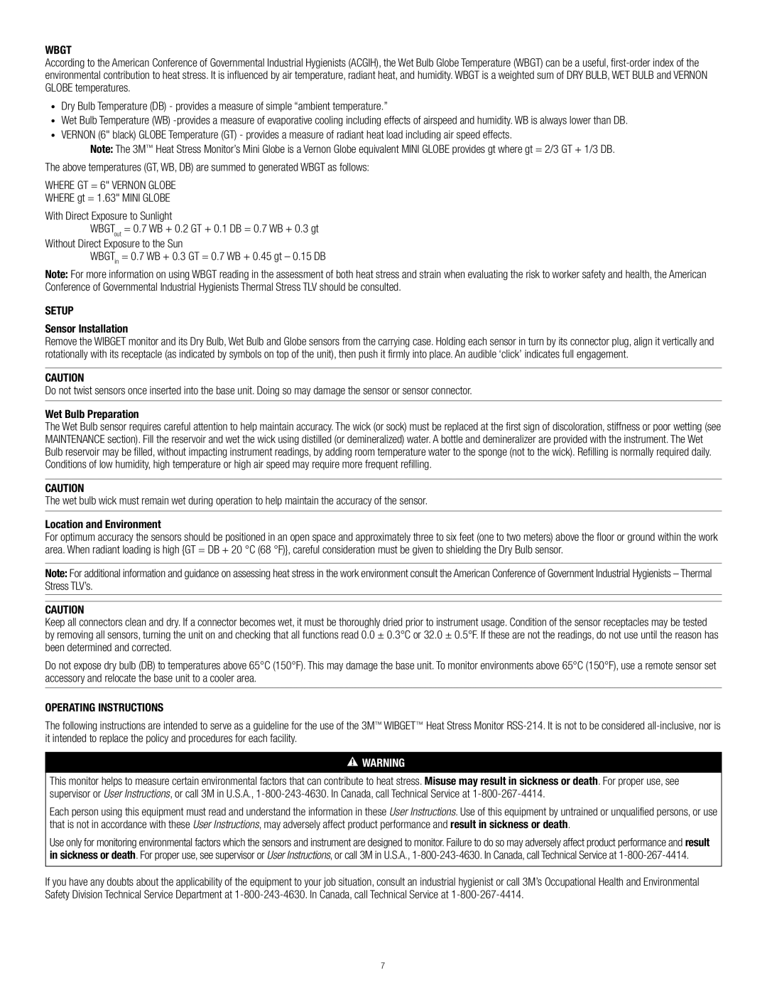 3M RSS-214 manual Wbgt, Setup, Operating Instructions 