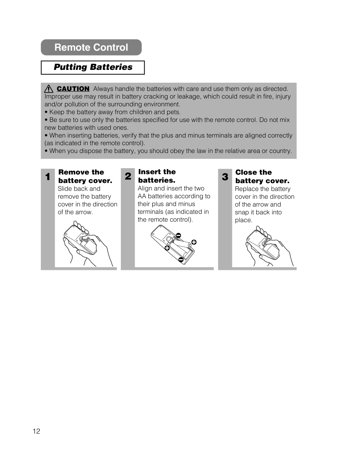 3M S10 manual Remote Control, Putting Batteries, Remove Battery cover, Insert Batteries, Close Battery cover 