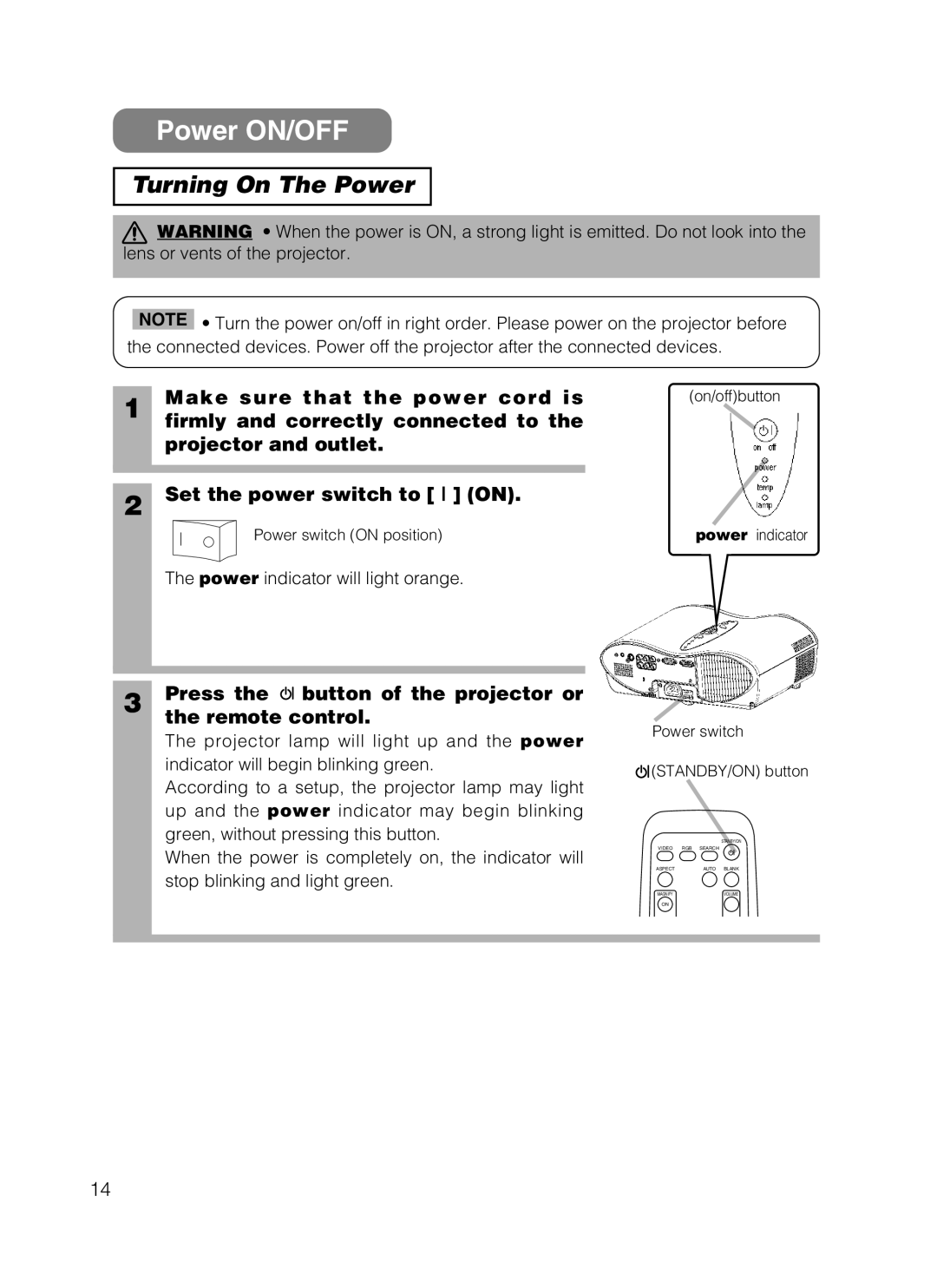 3M S10 manual Power ON/OFF, Turning On The Power, Make sure that the power cord is, Press the button of the projector or 