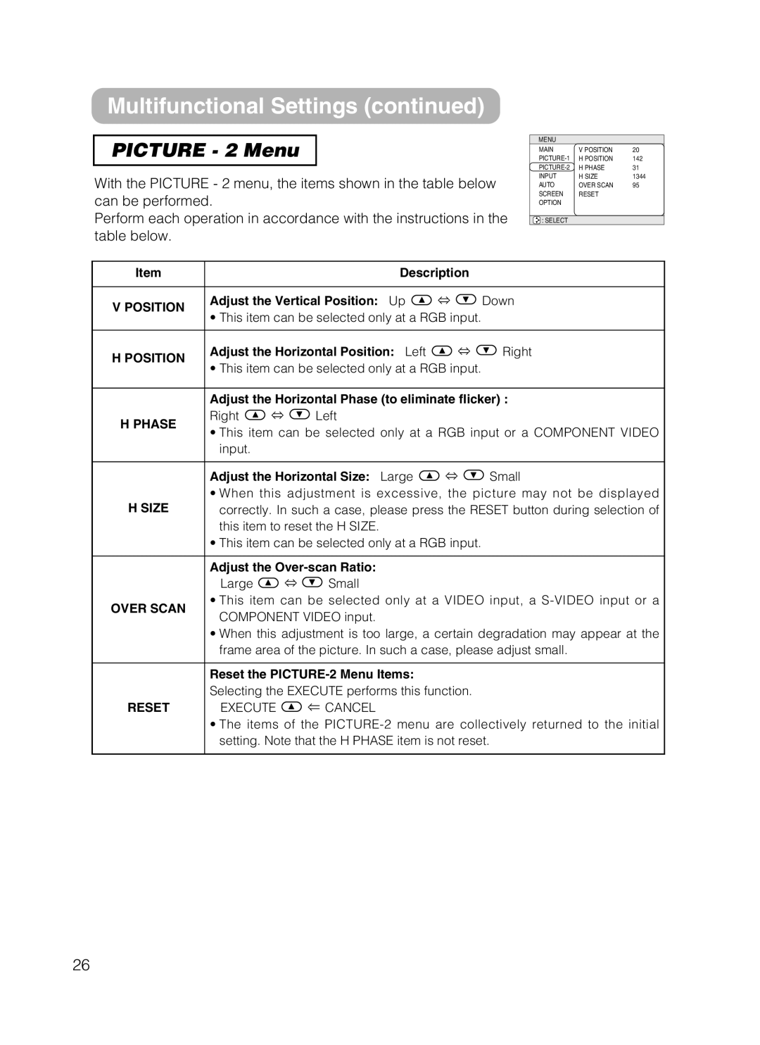 3M S10 manual Picture 2 Menu, Position, Phase, Size, Over Scan 