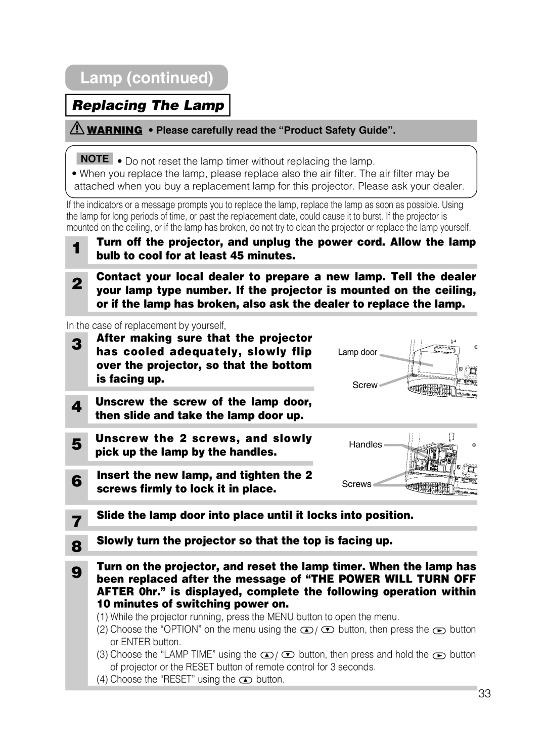 3M S10 manual Replacing The Lamp 