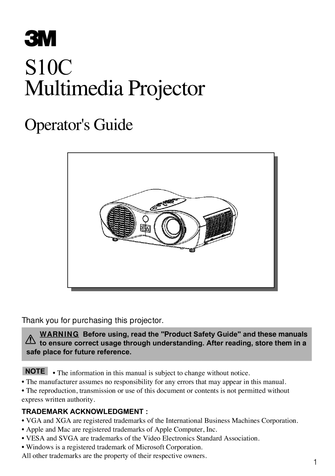 3M manual S10C Multimedia Projector 