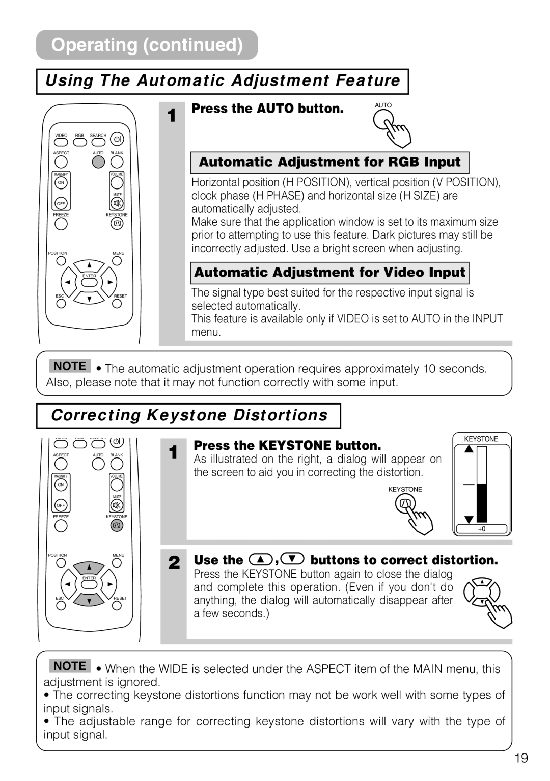 3M S10C manual Using The Automatic Adjustment Feature, Correcting Keystone Distortions 