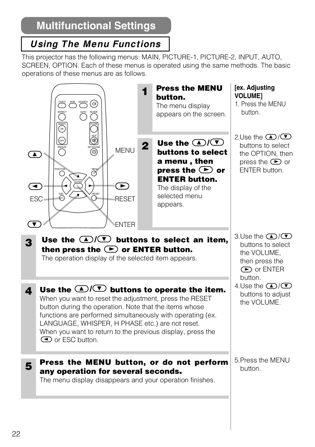 3M S10C manual Multifunctional Settings, Using The Menu Functions 