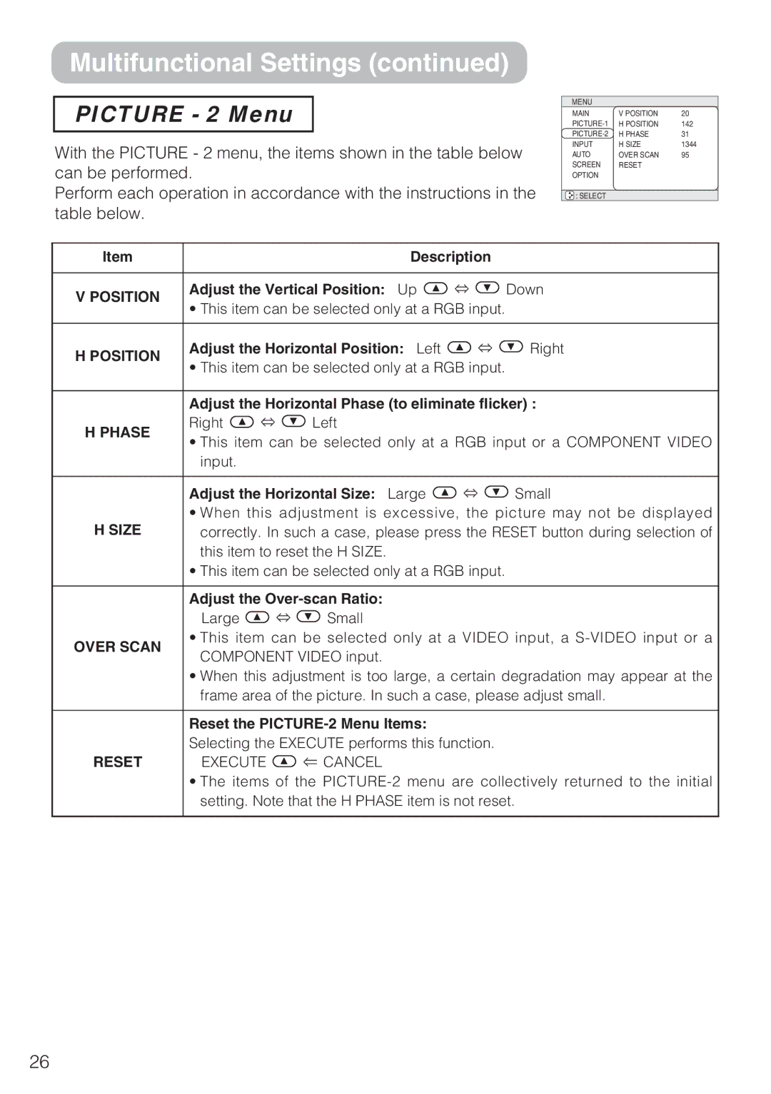 3M S10C manual Picture 2 Menu, Position, Phase, Size, Over Scan 