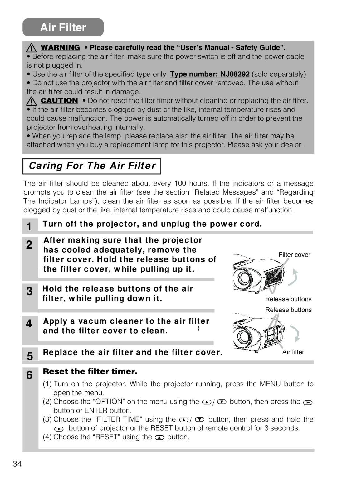 3M S10C manual Caring For The Air Filter, Replace the air filter and the filter cover, Reset the filter timer 