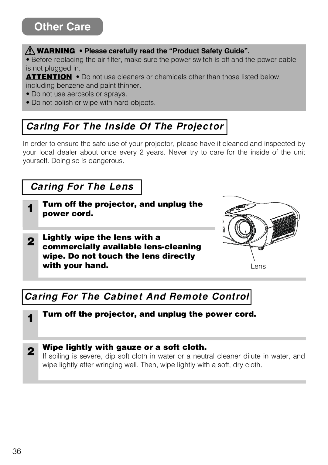 3M S10C Other Care, Caring For The Inside Of The Projector, Caring For The Lens, Caring For The Cabinet And Remote Control 