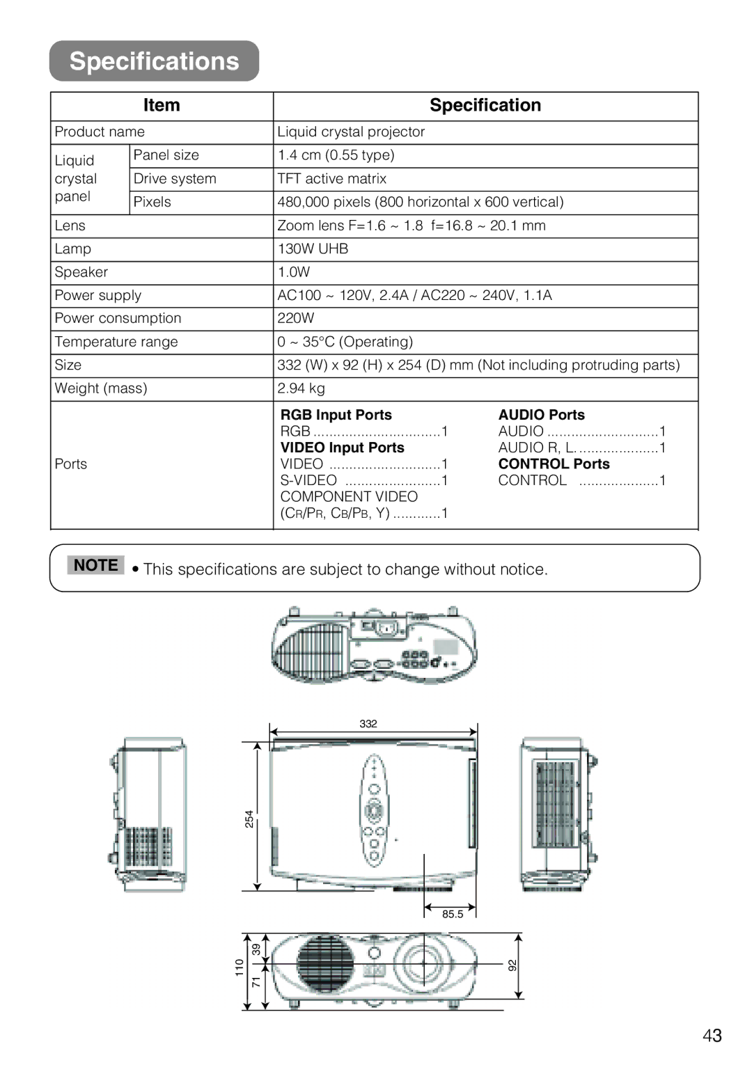 3M S10C manual Specifications, RGB Input Ports Audio Ports, Video Input Ports, Control Ports 