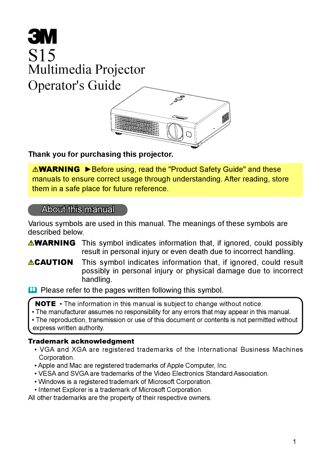 3M S15 manual About this manual, Thank you for purchasing this projector 