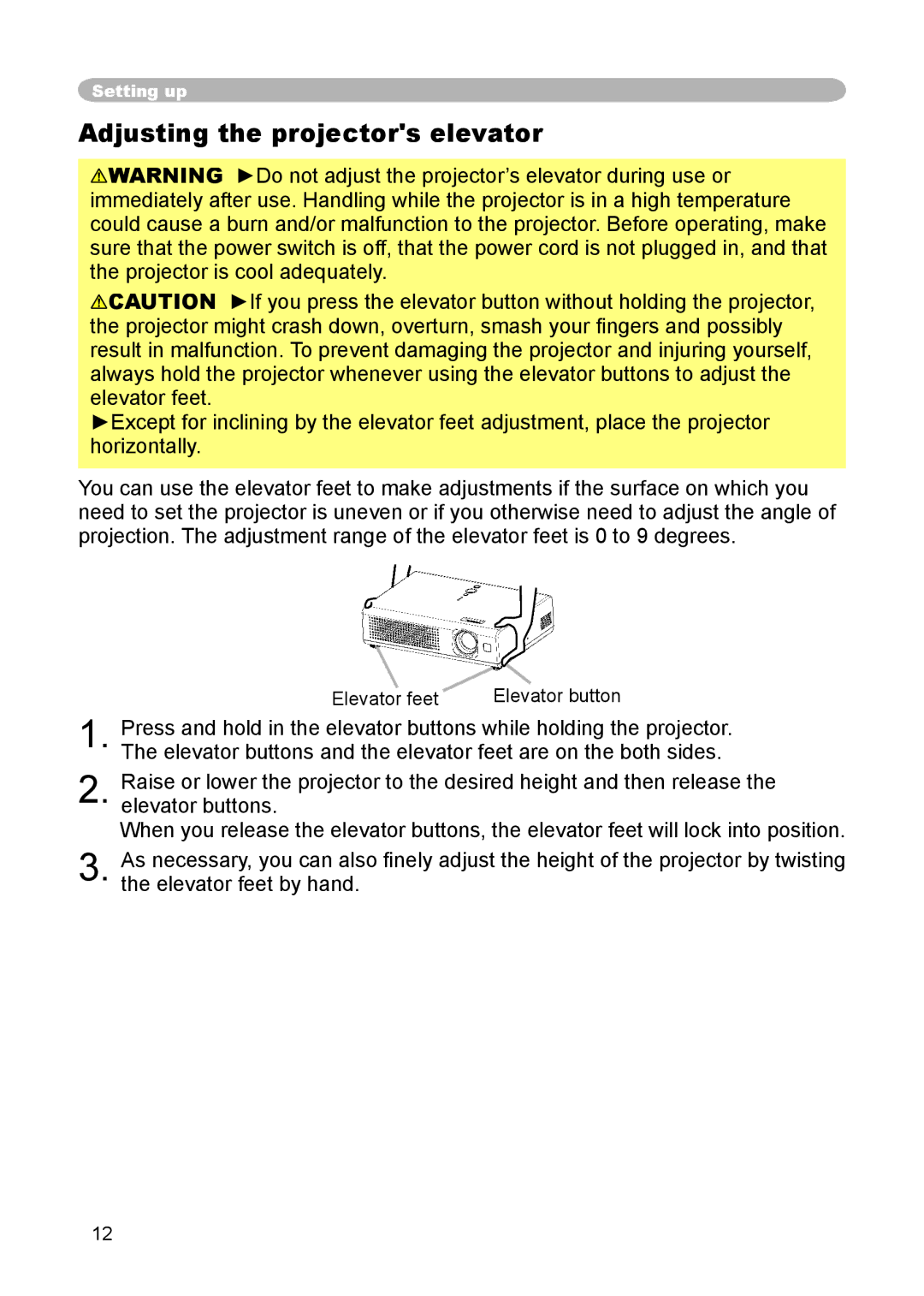 3M S15 manual Adjusting the projectors elevator 